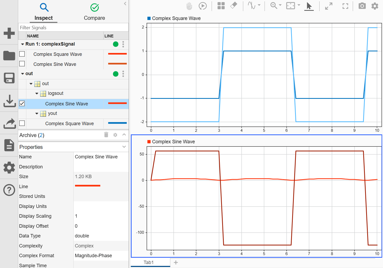 Two complex signals displayed in separate subplots in the Simulation Data Inspector, with the Complex Format for Sine Wave changed to Magnitude-Phase.
