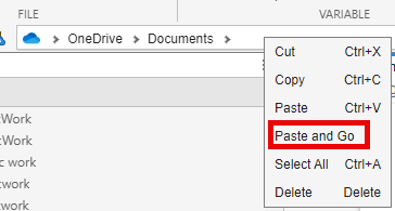 Paste and Go option in context menu in the MATLAB address bar.
