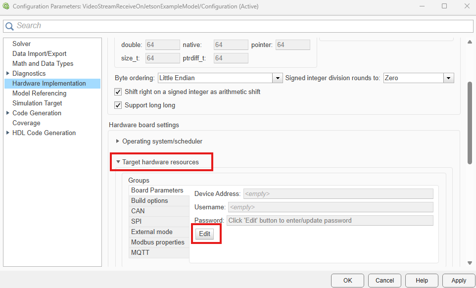 Hardware Implementation tab of the VideoStreamReceiveOnJetsonExampleModel.slx Simulink model settings, which shows the target hardware resources menu.