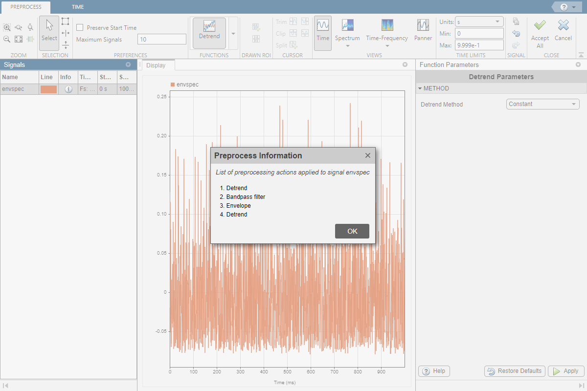 Preprocess Information window in Signal Analyzer. The window lists the preprocessing actions applied to the signal.