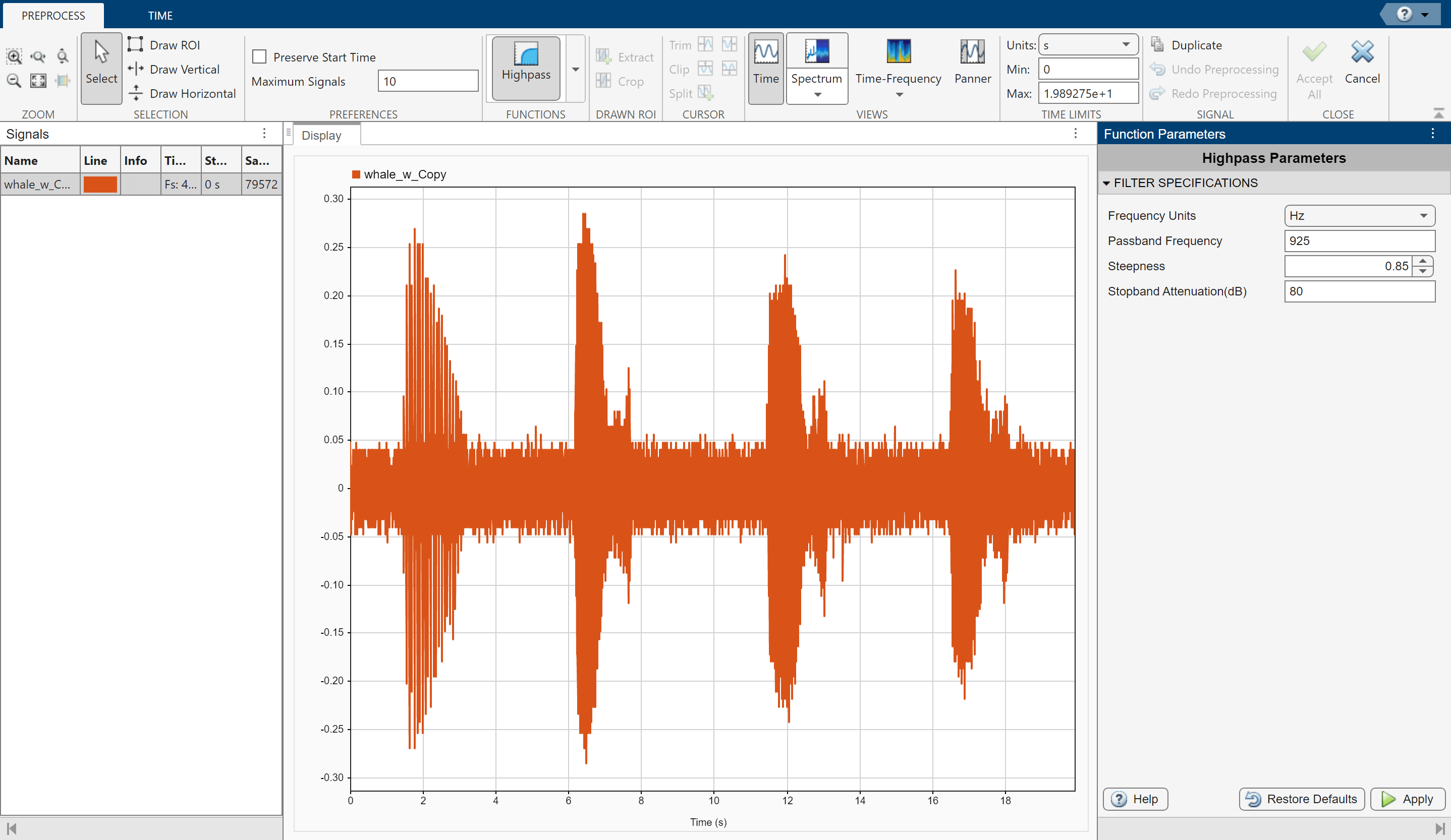 Signal Analyzer app showing Function Parameters on the right section of the window.