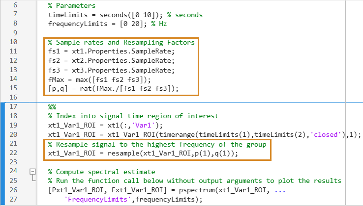 Code edits to the script generated with Signal Analyzer. The edits comprise identifying the signal sample rates and resampling each signal to the maximum sample rate of the group.