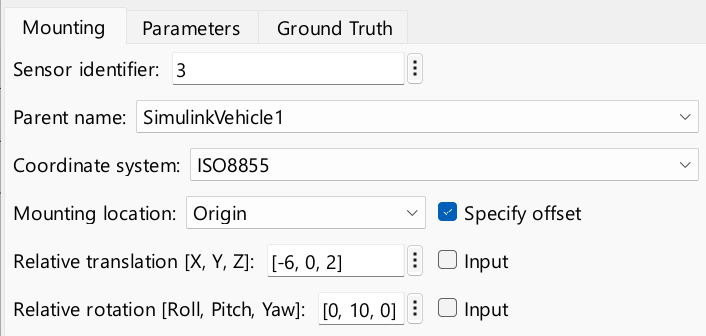 Mounting tab in the block parameters dialog box of the Simulation 3D Camera block.