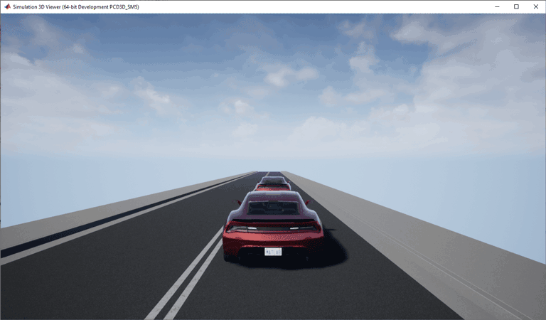 Simulation 3D viewer window with two cars in the imported roadrunner scene.