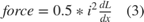 $force = 0.5*i^2{dL\over dx}\quad(3)$