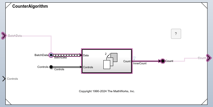 The Component Interface View displays the usage of the BatchData array of buses from the input port to the output port of the component.