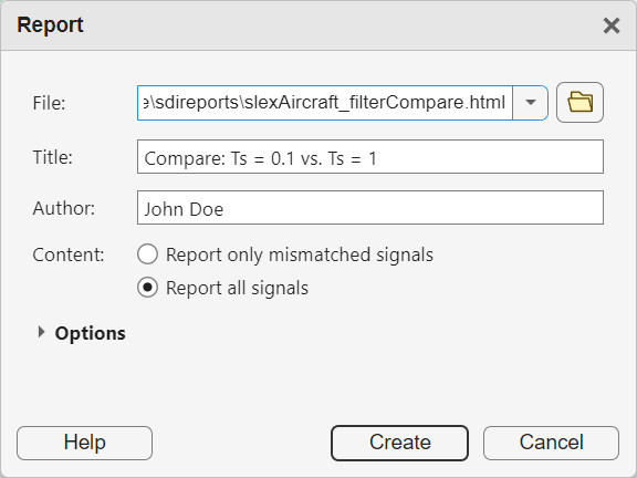 The Report dialog box for a comparison report