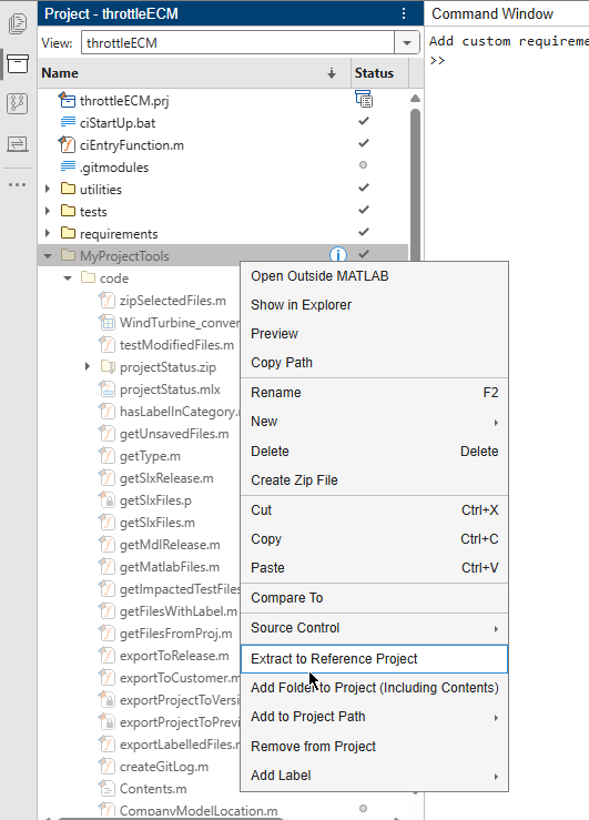Project panel shows a project open with the context menu options for one folder. The cursor points to Extract to Reference Project option.