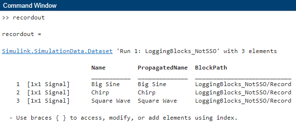 The Command Window displays the contents of the variable named recordout. The variable contains a Dataset object that contains three signals logged using the Record block: Big Sine, Chirp, and Square Wave.