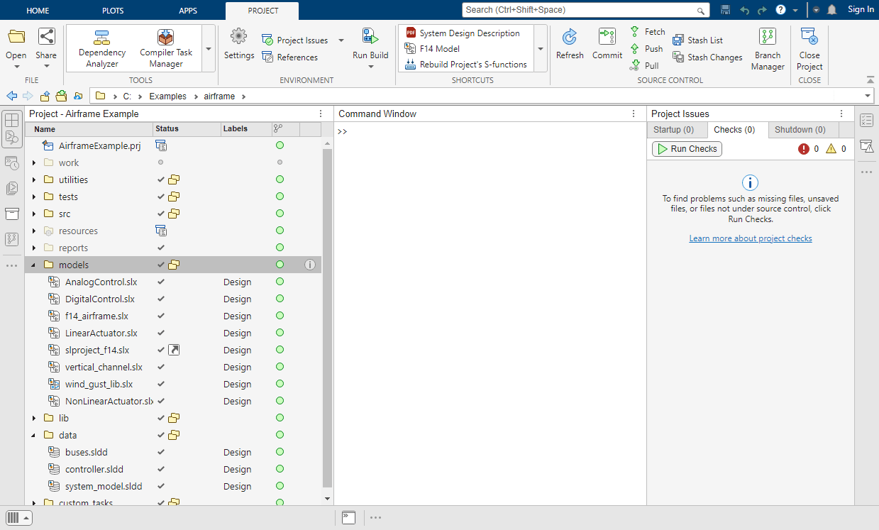 The MATLAB desktop shows the Project panel with the project open on the left, the Project toolstrip on top, the Command Window in the middle, and the Project Issues panel on the right.