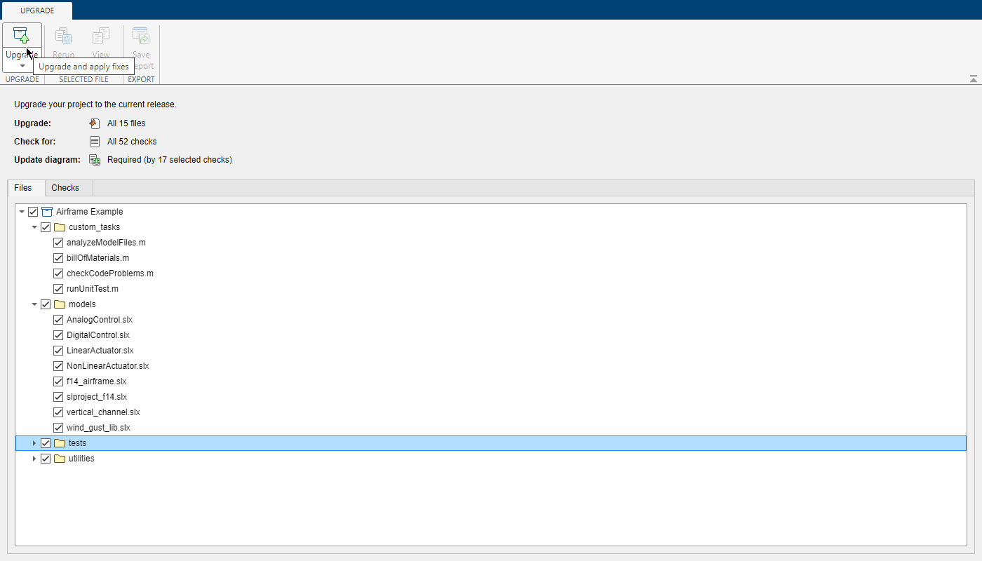 Upgrade Project tool shows a toolstrip on top with the mouse cursor pointing to the Upgrade button and the Files list below.
