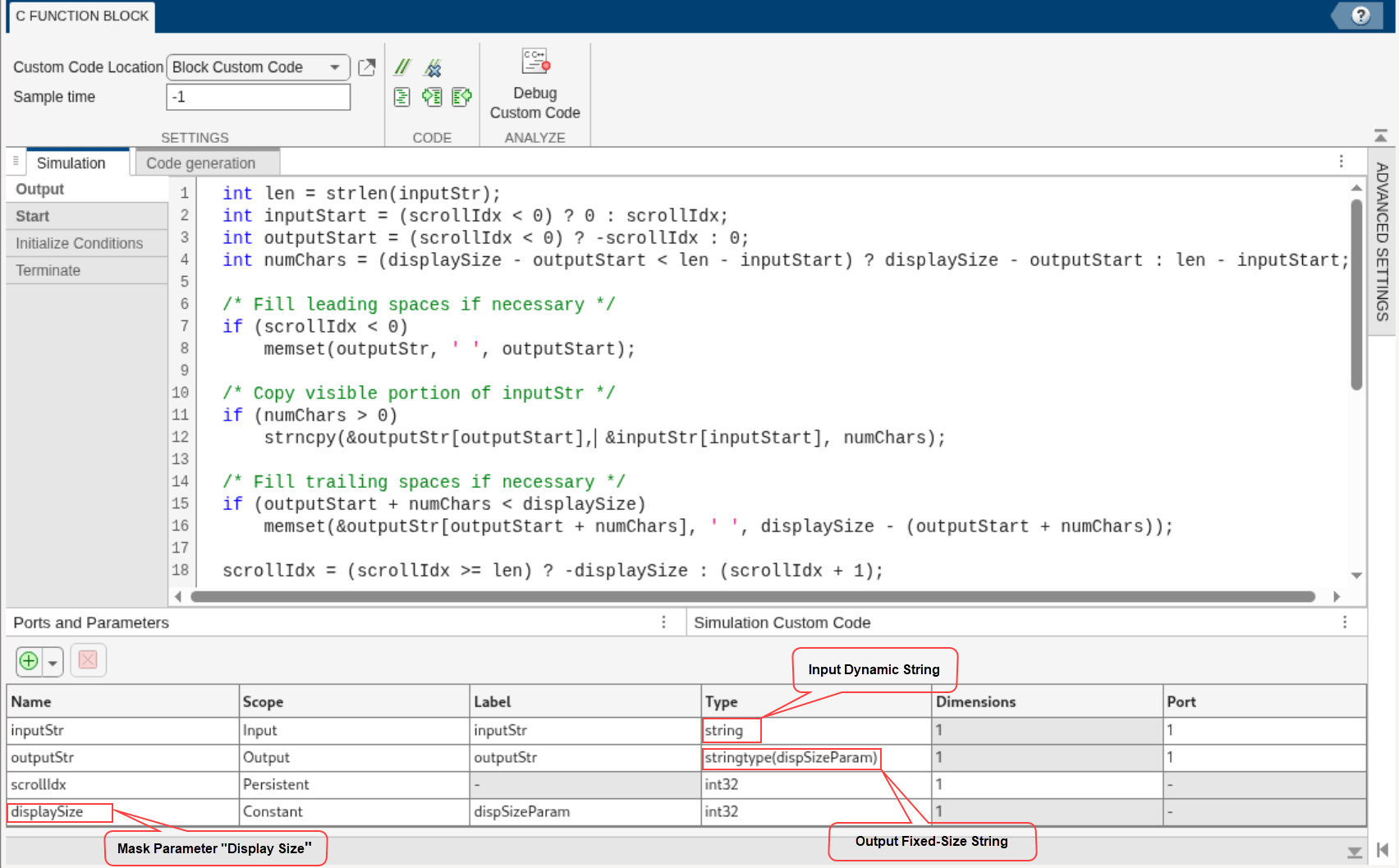 Output code, port and parameter settings for the C Function block that outputs scrolling display.