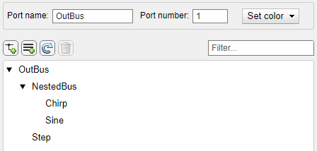 Bus hierarchy with NestedBus and Step under OutBus and Chirp and Sine under NestedBus