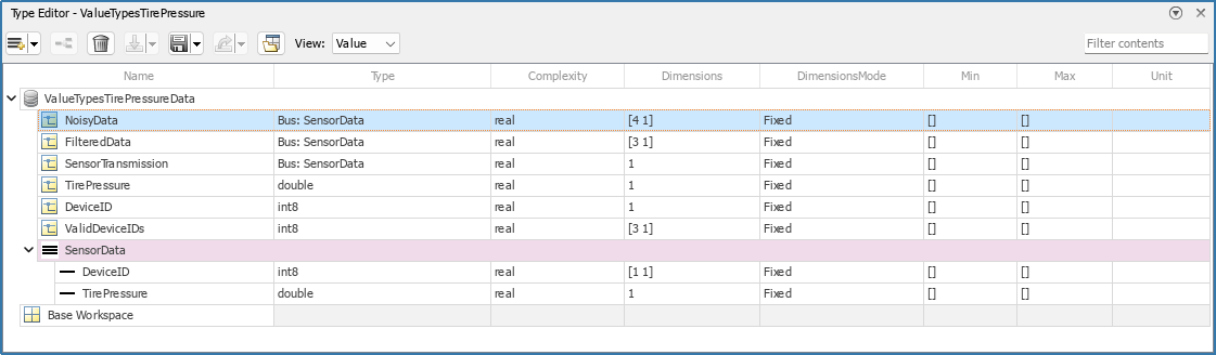 Types in ValueTypesTirePressureData dictionary with the NoisyData value type selected and the corresponding SensorData bus object highlighted