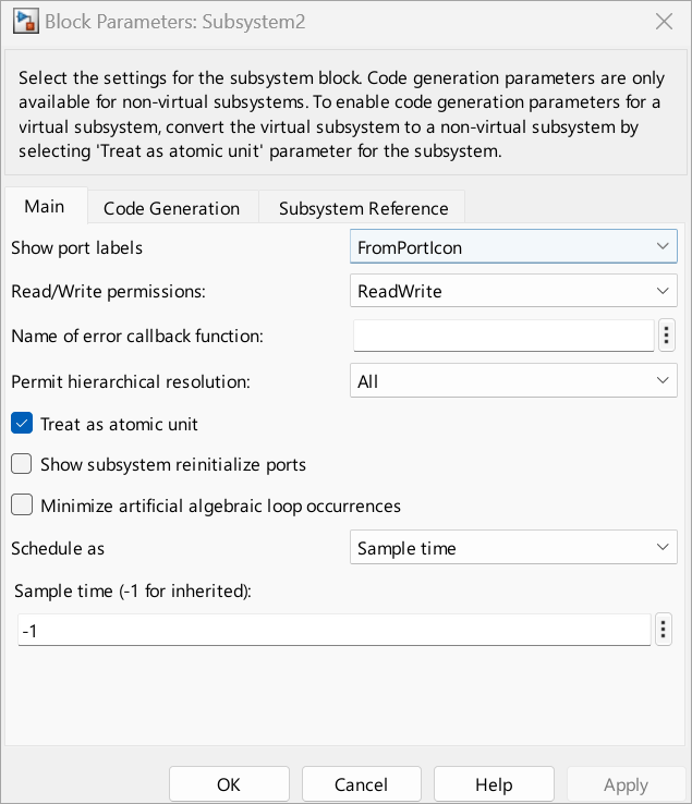Block Parameters dialog box for the Subsystem2 block.
