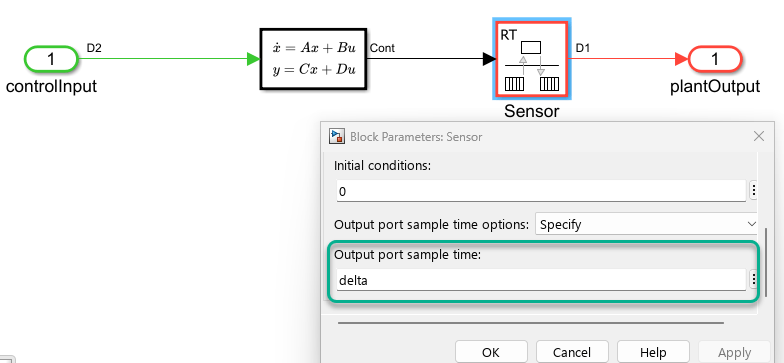 Block diagram of the Rotary Flexible Link subsystem. The plant output sample time is set to delta seconds, where delta = tau/N.