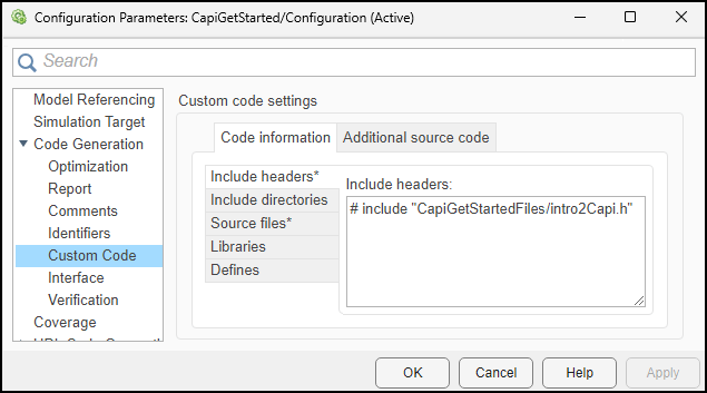 Configuration Parameters dialog box. The Code Generation > Custom Code pane is open. The include header directive is specified in the Code information tab of the Custom code settings section as '# include "CapiGetStartedFiles/intro2Capi.h"'