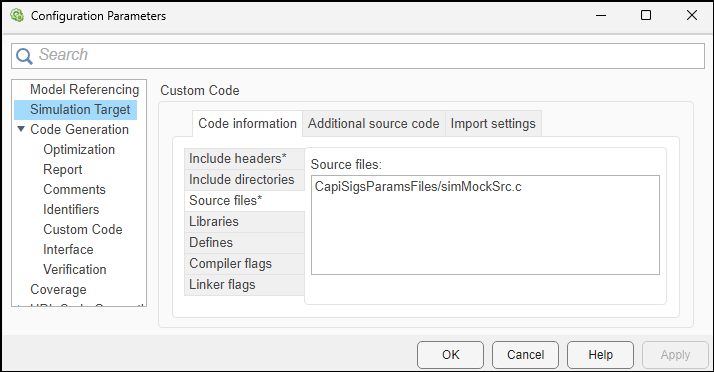 Configuration Parameters dialog box. The Simulation Target pane is open. In the Code information tab of the Custom code settings section, the source file path is specified in the Source files box as CapiSigsParamsFiles/simMockSrc.c