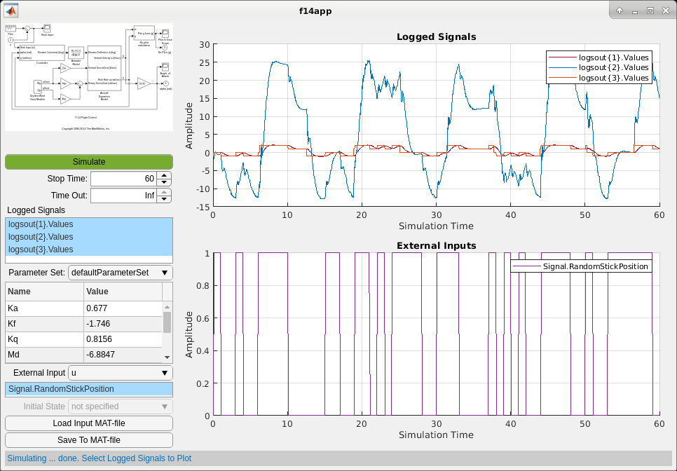 Modified app window with plotted results in two sub-plots for logged signals and external inputs