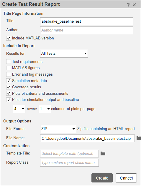 The Create Test Result Report dialog.
