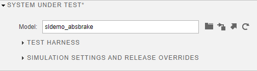 The System Under Test section of the Test Manager. The model is sldemo_absbrake.