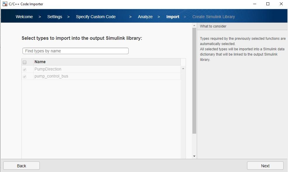 Custom code importer wizard tab to select import types