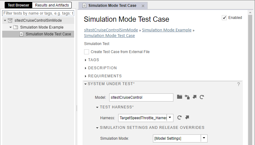 Image of the test case in the Simulink Test Manager.