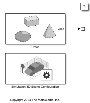 Simulink model with Simulation 3D Actor block named rotor and a Simulation 3D Scene Configuration block.