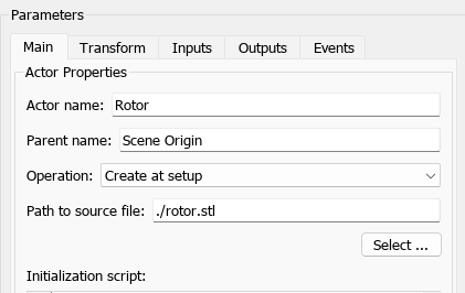 The block parameter dialog box of the Simulation 3D Actor block named rotor shows parameters and the file name in the path to the source file.