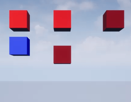 Five box actors and one plane actor are in the 3D environment. Two box actors are vertically aligned on the leftmost side. Two box actors are vertically aligned in the center of the screen. One box actor is on the rightmost side of the screen. A plane actor is below all the box actors.