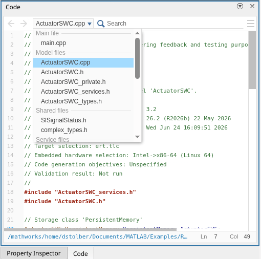 Screen shot showing the files that display in the Code view when you click the ActuatorSWC component.