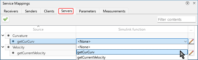 Servers tab of Service Mappings editor. The list in the Simulink function column is open for the entry getCurCurve under Curvature. The mouse is selecting the value getCurCurve.
