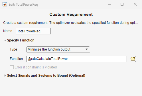 The Edit: TotalPowerReq dialog box showing the specified custom requirement