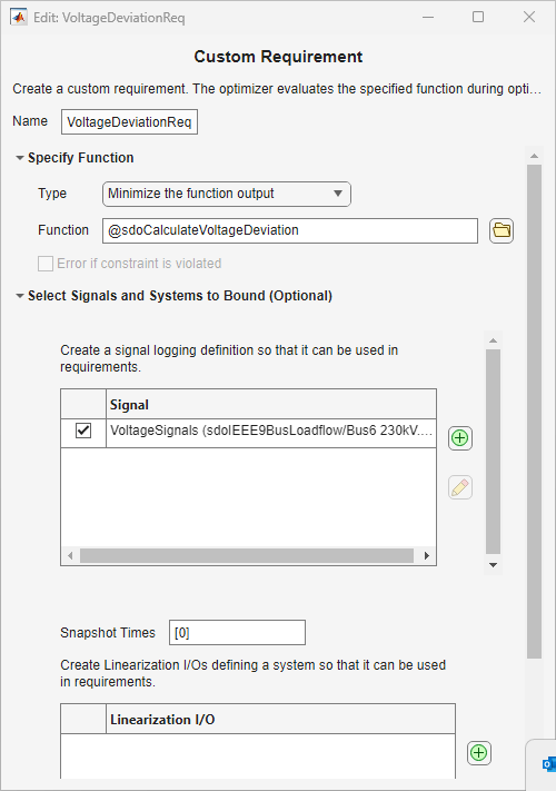 The Edit: VoltageDeviationReq dialog box showing the custom requirement and the selected signal