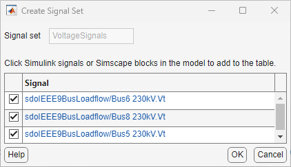 The Create Signal Set dialog box showing the list of logged signals