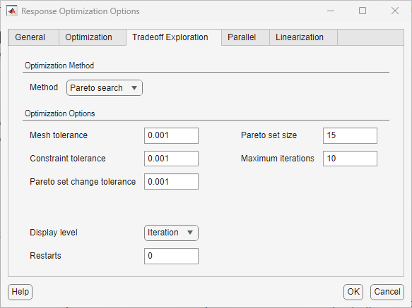 The Tradeoff Exploration tab in the Response Optimization Options dialog box