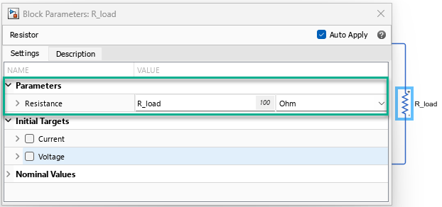 The Block Parameters: R_load dialog box showing the value if the load resistance parameter