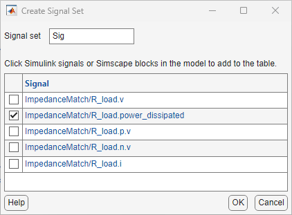 The Create Signal Set dialog box showing the selected Simscape variable