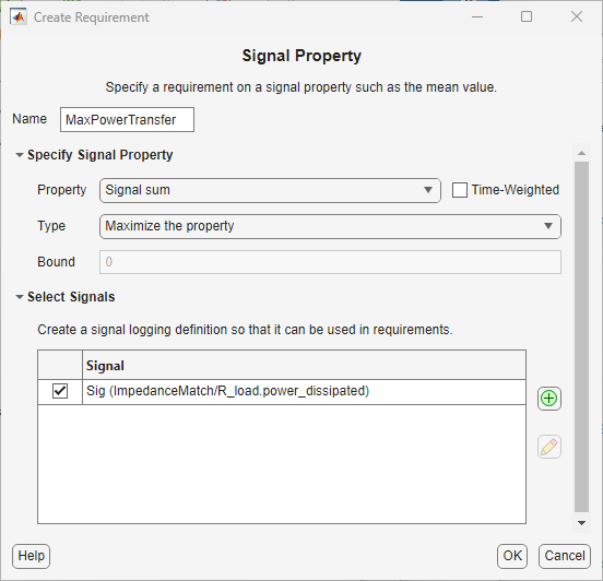 The Create Requirement dialog box showing the specified signal property and the selected signal