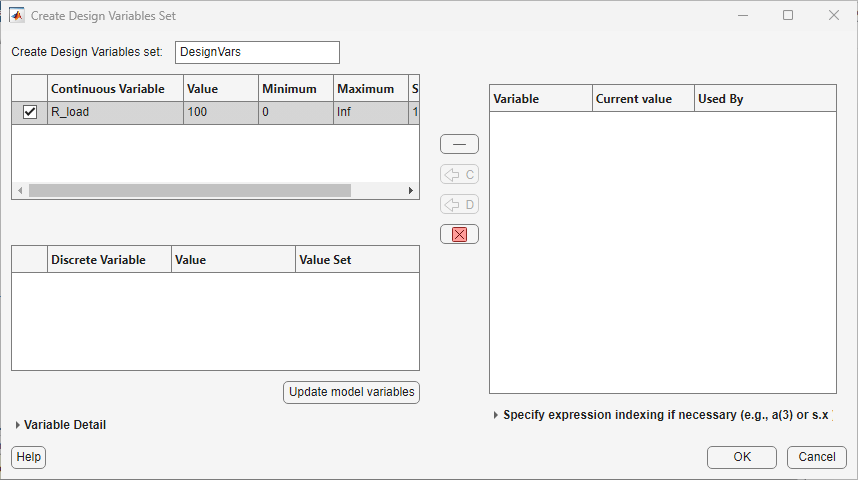 The Create Design Variables Set dialog box showing the selected continuous variable, R_load