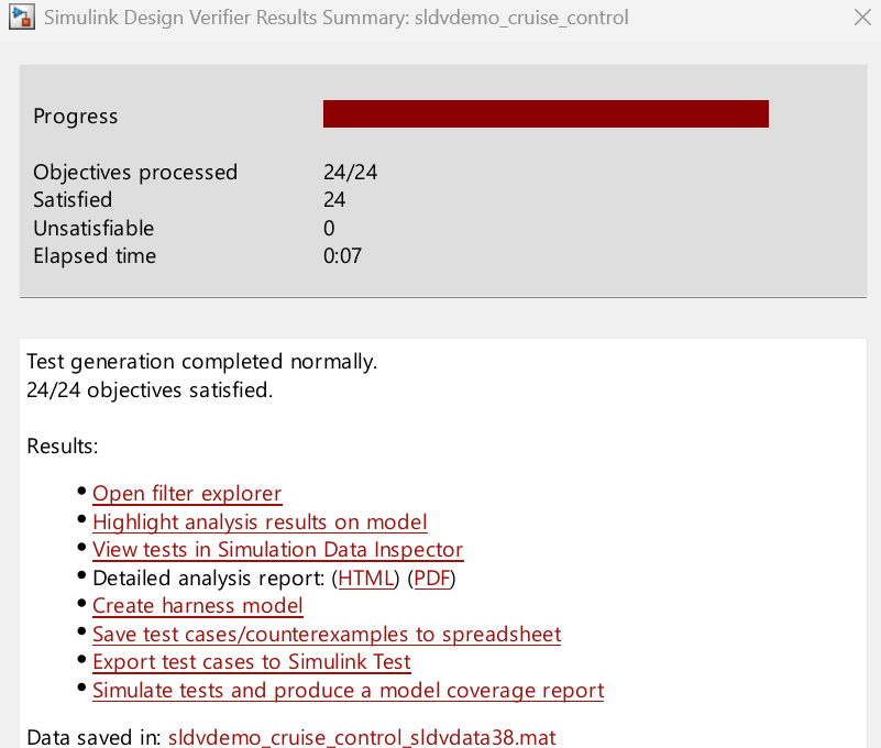 Results Summary window. A message shows that test generation analysis is complete.