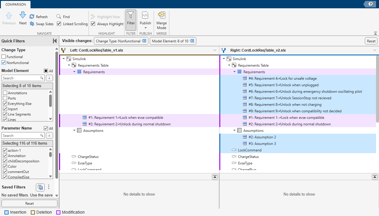 Filter option in the Comparison Tool with Nonfunctional change type is selected.