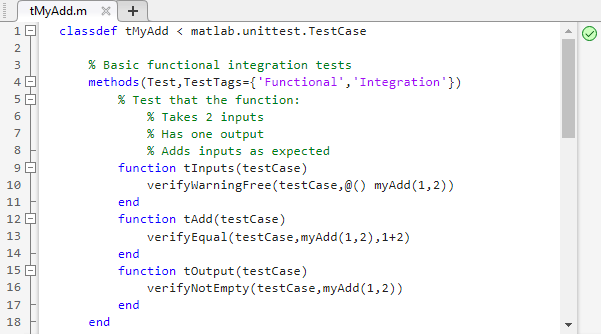 Lines 1-18 of the tMyAdd test file are shown, which includes the first test methods block with tags Functional and Integration.