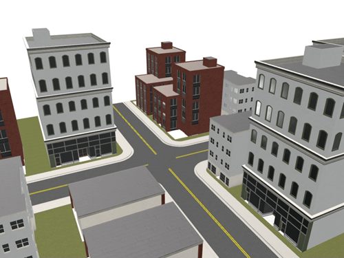 A city intersection with brick and concrete buildings
