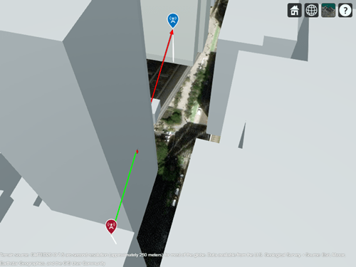 Obstructed line-of-sight path from the transmitter site to the receiver site. The path is green from the transmitter to the building, and red from the building to the receiver.