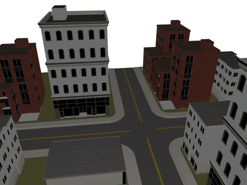 A city intersection with brick and concrete buildings