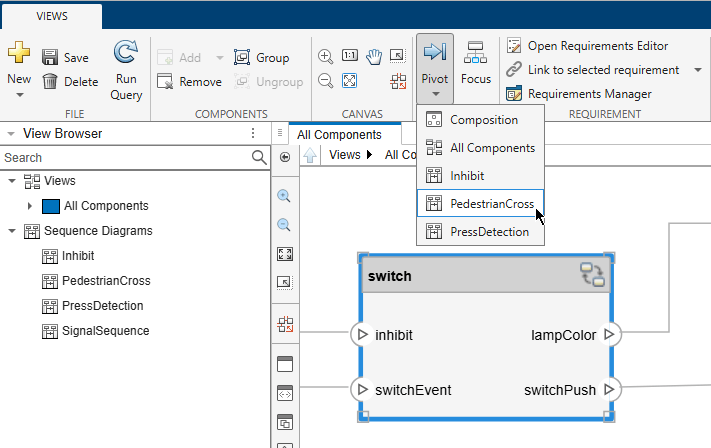 Selected switch component on the All Components view. The Pivot drop-down menu is expanded with the mouse hovering over the PedestrianCross option.