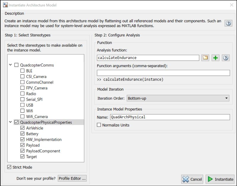 Instantiate architecture model tool showing the selected stereotypes to analyze over, the analysis function, and the instance model name.