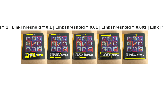 Figure contains an axes object. The hidden axes object with title LinkThreshold = 1 | LinkThreshold = 0.1 | LinkThreshold = 0.01 | LinkThreshold = 0.001 | LinkThreshold = 0.0004 contains an object of type image.
