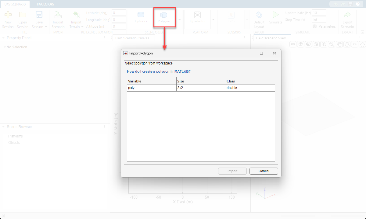 UAV Scenario Designer app with Polygon button highlighted and Import Polygon dialog showing the poly variable